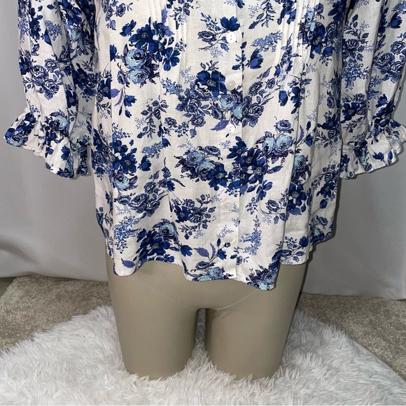 Cupcakes & Cashmere Linen Blend Blue Floral Puff Sleeve Women's Size XS - Picture 4 of 10